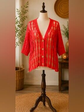 Oversized Open Knit Coral Cardigan | Size Medium (Oversized) Boho Wooden Buttons